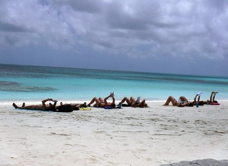 Students relaxing at the beach, studying for our exam